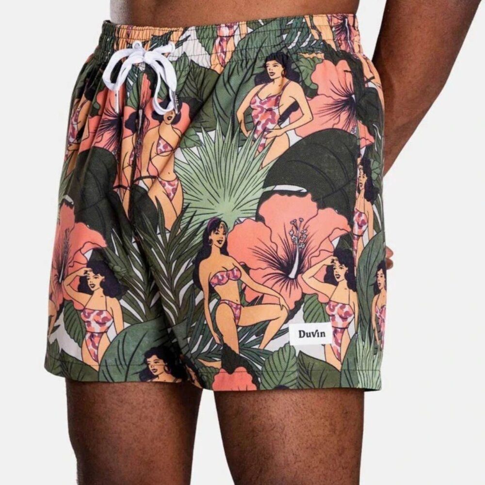 NWT Duvin Design Beach Babes Swim Shorts M Novelty Print Trunk Mesh Lined Retro
